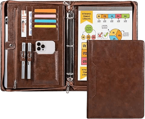 Professional 3-Ring Portfolio Organizer A4 Padfolio with Zipper